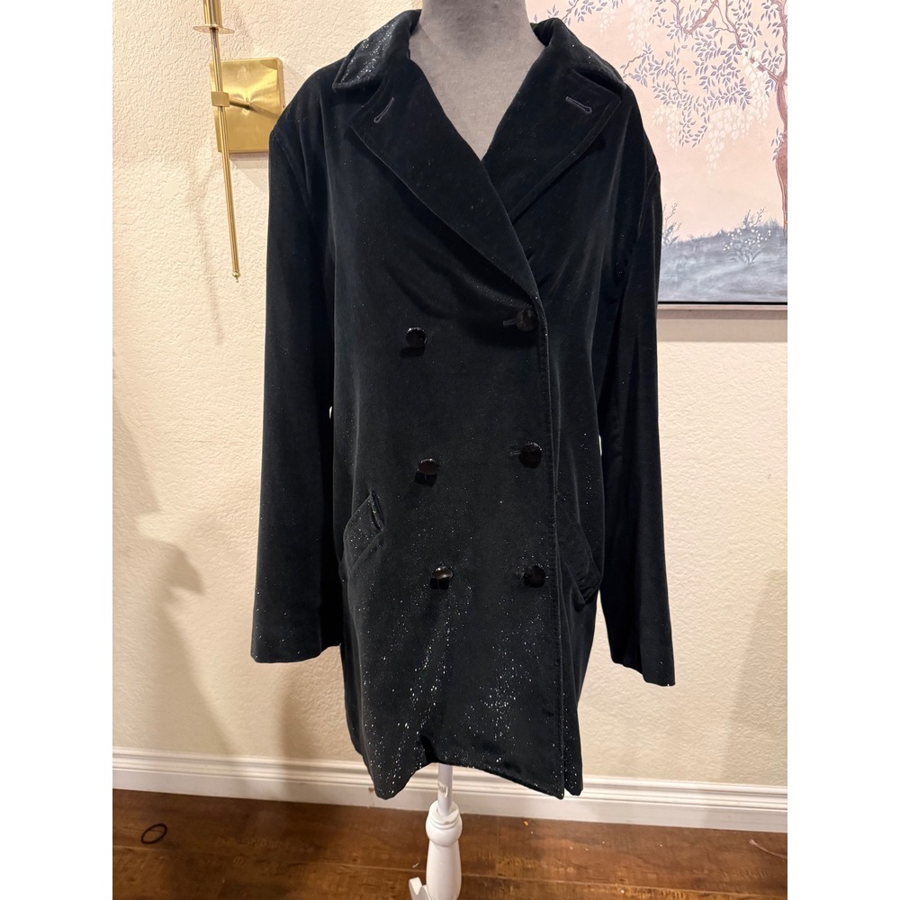 Liz Claiborne Collection Black Velvet Double Breasted Coat Shimmer Longline M